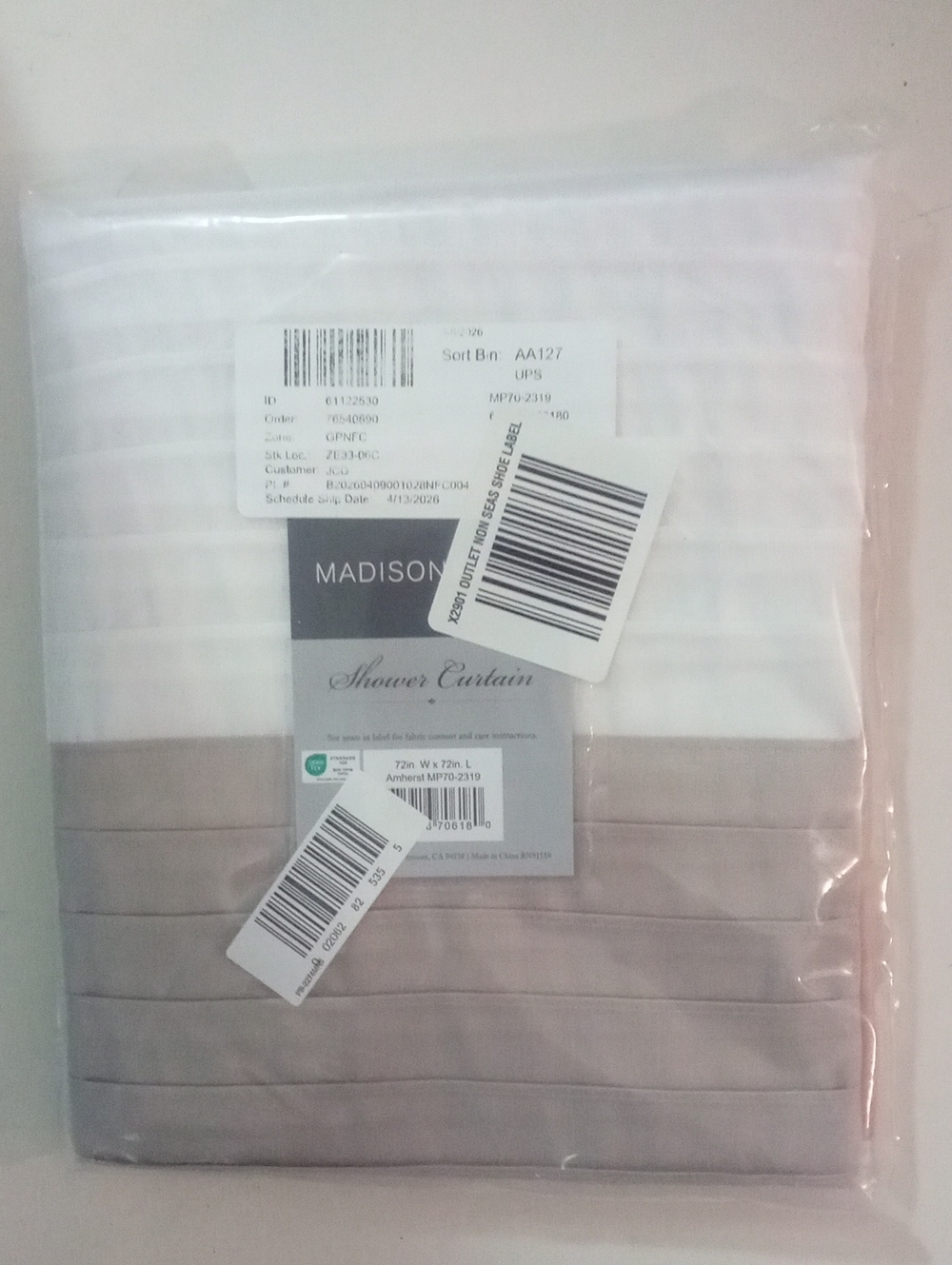 Madison White Peach Taupe Pleated Shower Curtain 72 X 72" NWT $60